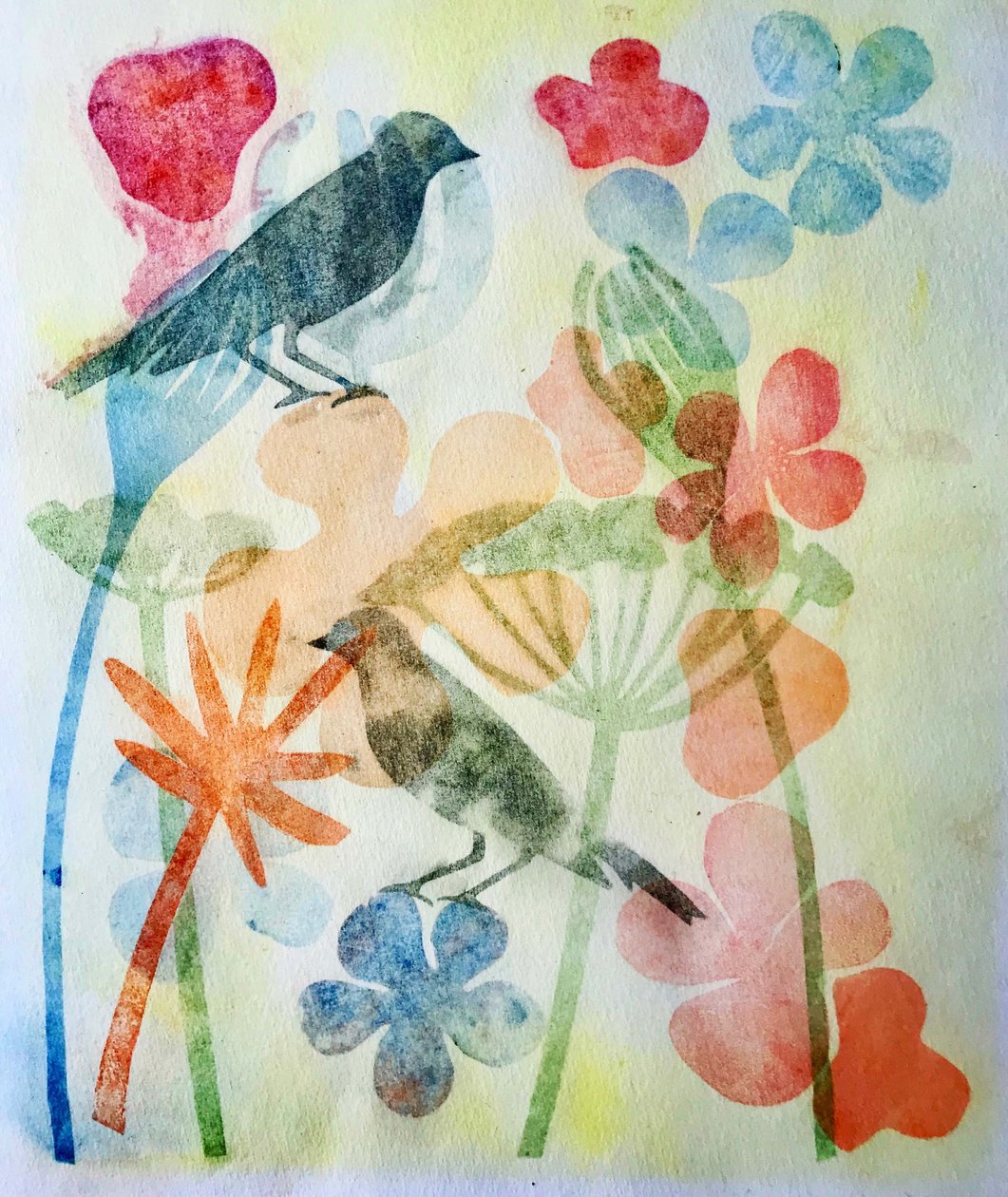 Dwa ptaki i kwiaty,2019 (monodruk tuszem) autorstwa Sarah Thompson Engels