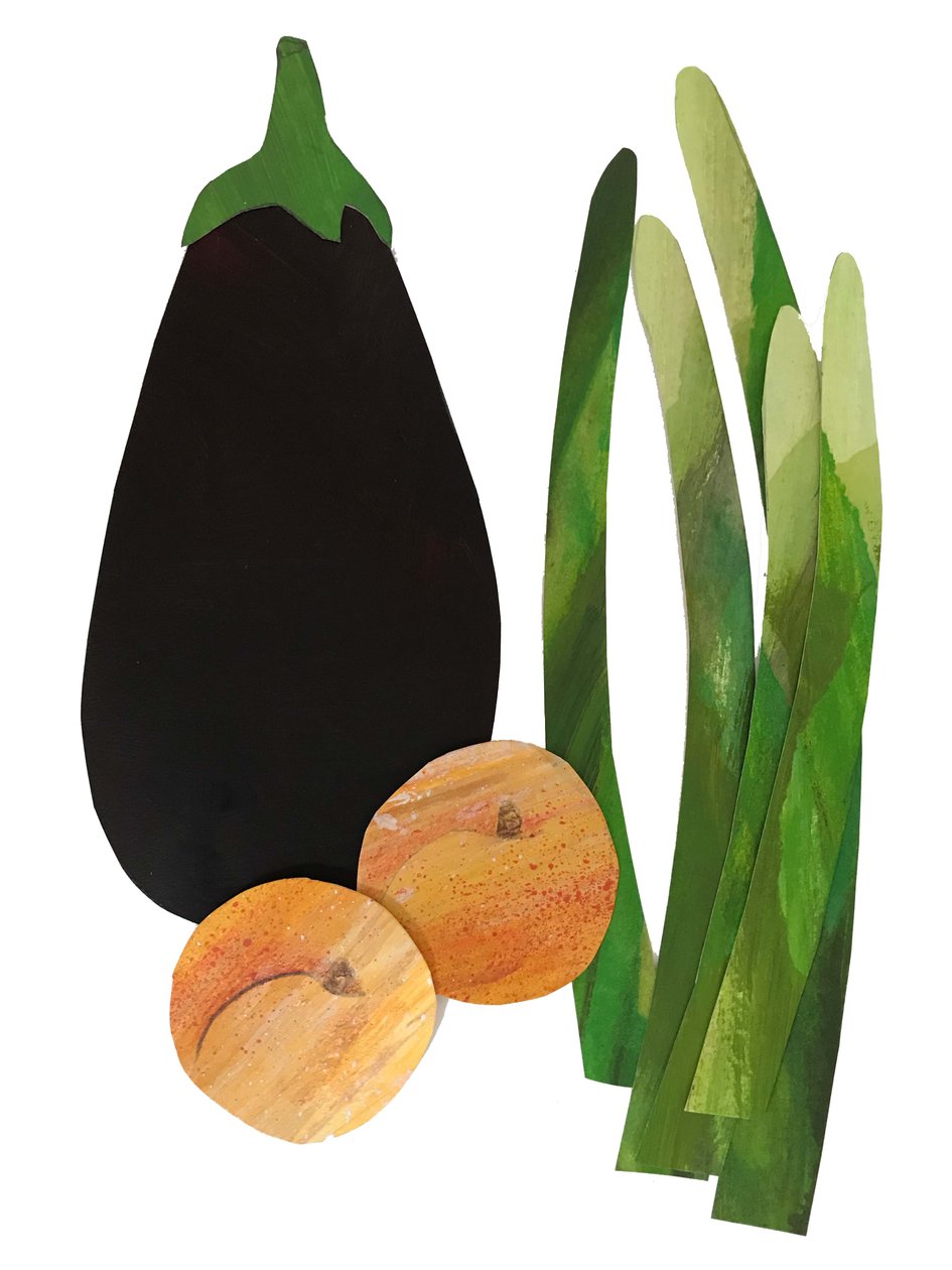 szparagi, morele, bakłażan,2019 (kolaż) autorstwa Sarah Thompson Engels