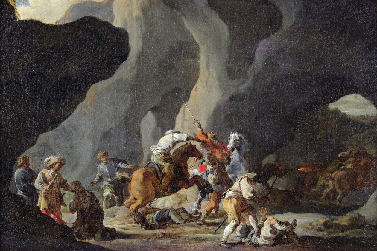 Atak Wędrowców, ok. 1634-37 autorstwa Sébastien Bourdon