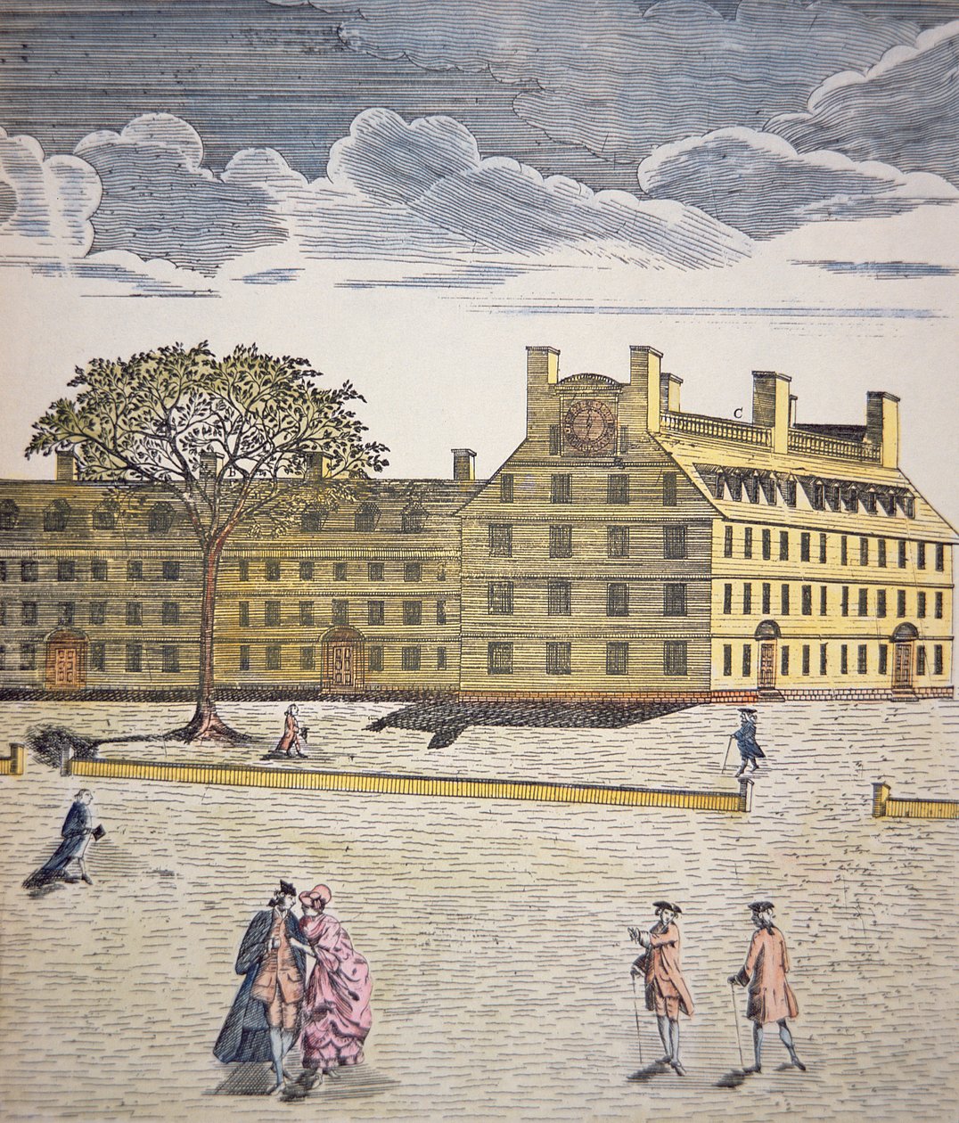 Harvard College, Cambridge, Massachusetts c.1740 (kolor lito) autorstwa School American