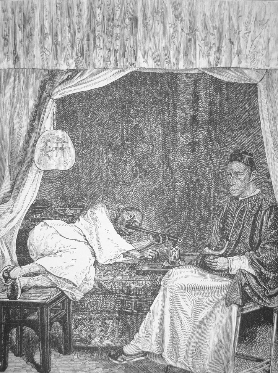 Chińscy palacze opium, grawerowanie z 1875 roku (lito) autorstwa School Chinese