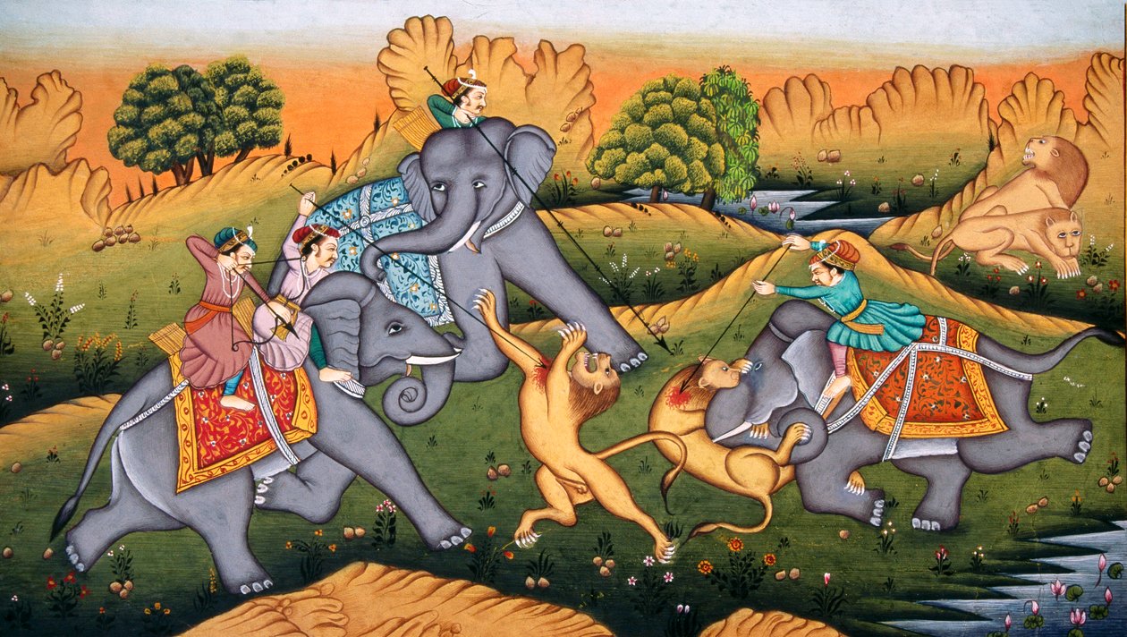 Polowanie na tygrysy na miniaturowym obrazie na papierze autorstwa School Indian