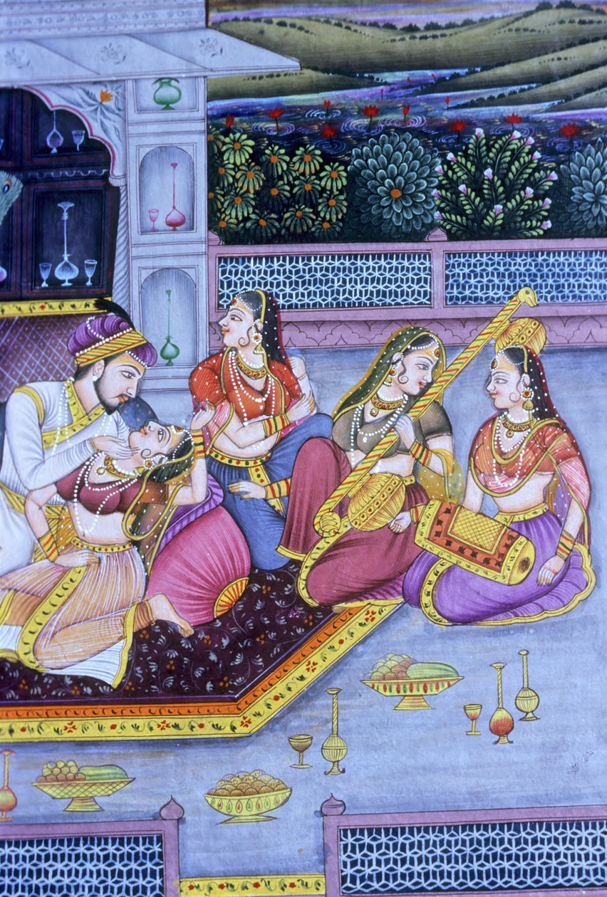 Miniaturowy obraz Mughal na papierze, scena miłosna autorstwa School Indian