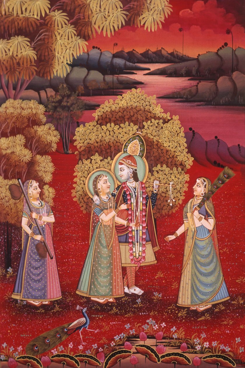 Miniaturowy obraz Radha Krishna na jedwabiu autorstwa School Indian