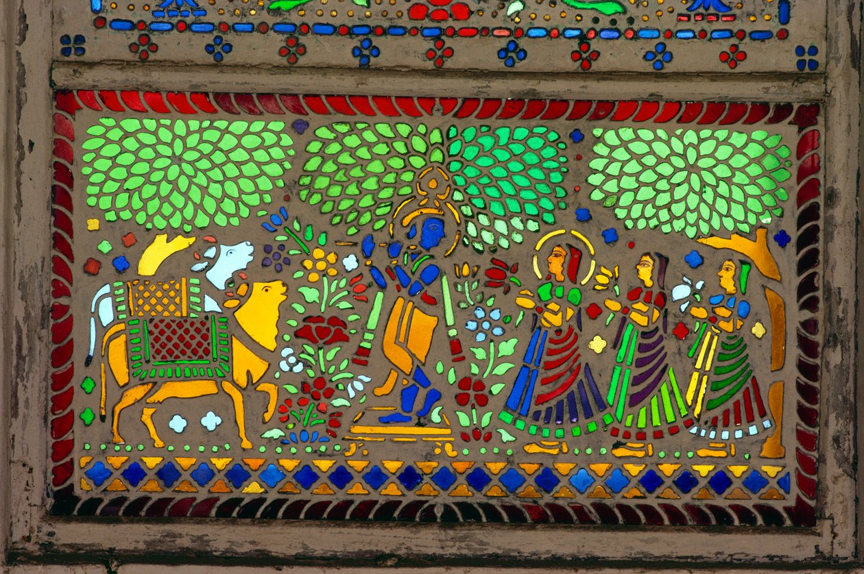 Radha Krishna z Sakhi na witrażu autorstwa School Indian