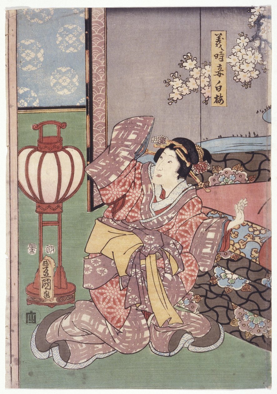 Żona Yoshitokiego, Shiraume (drzeworyt kolorowy) autorstwa School Japanese