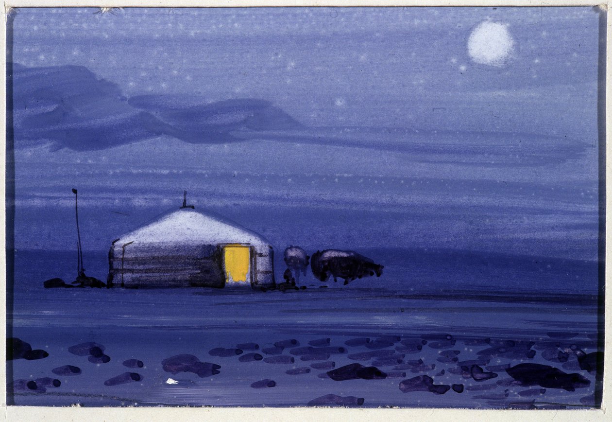 Mongolska jurta, noc - mongolska akwarela autorstwa School Mongolian