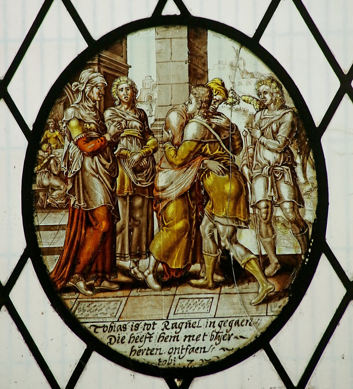 Roundel: Tobiasz przybywa do Ecbatana (witraż) autorstwa School Netherlandish