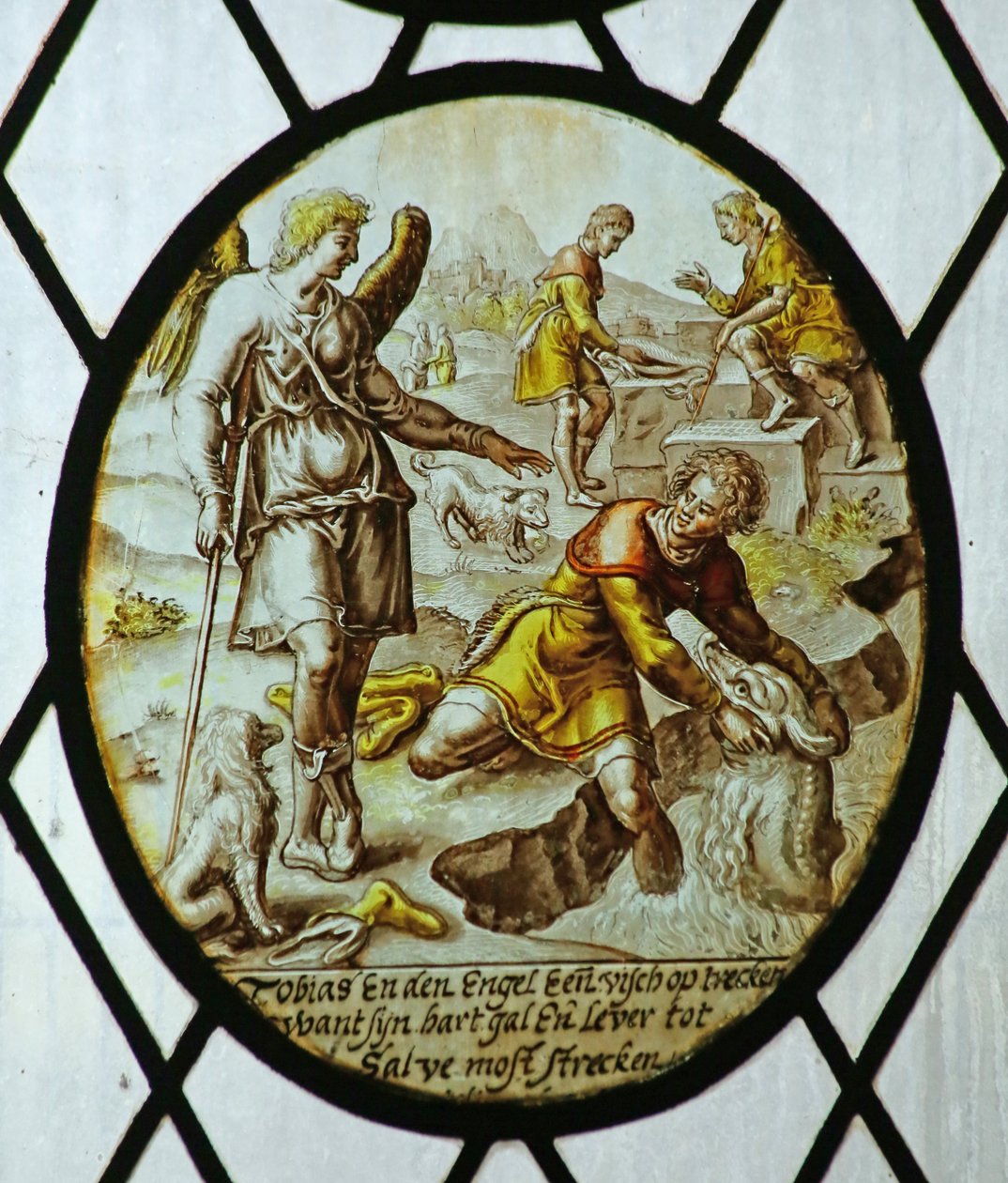Roundel: Tobiasz łapie rybę (witraż) autorstwa School Netherlandish
