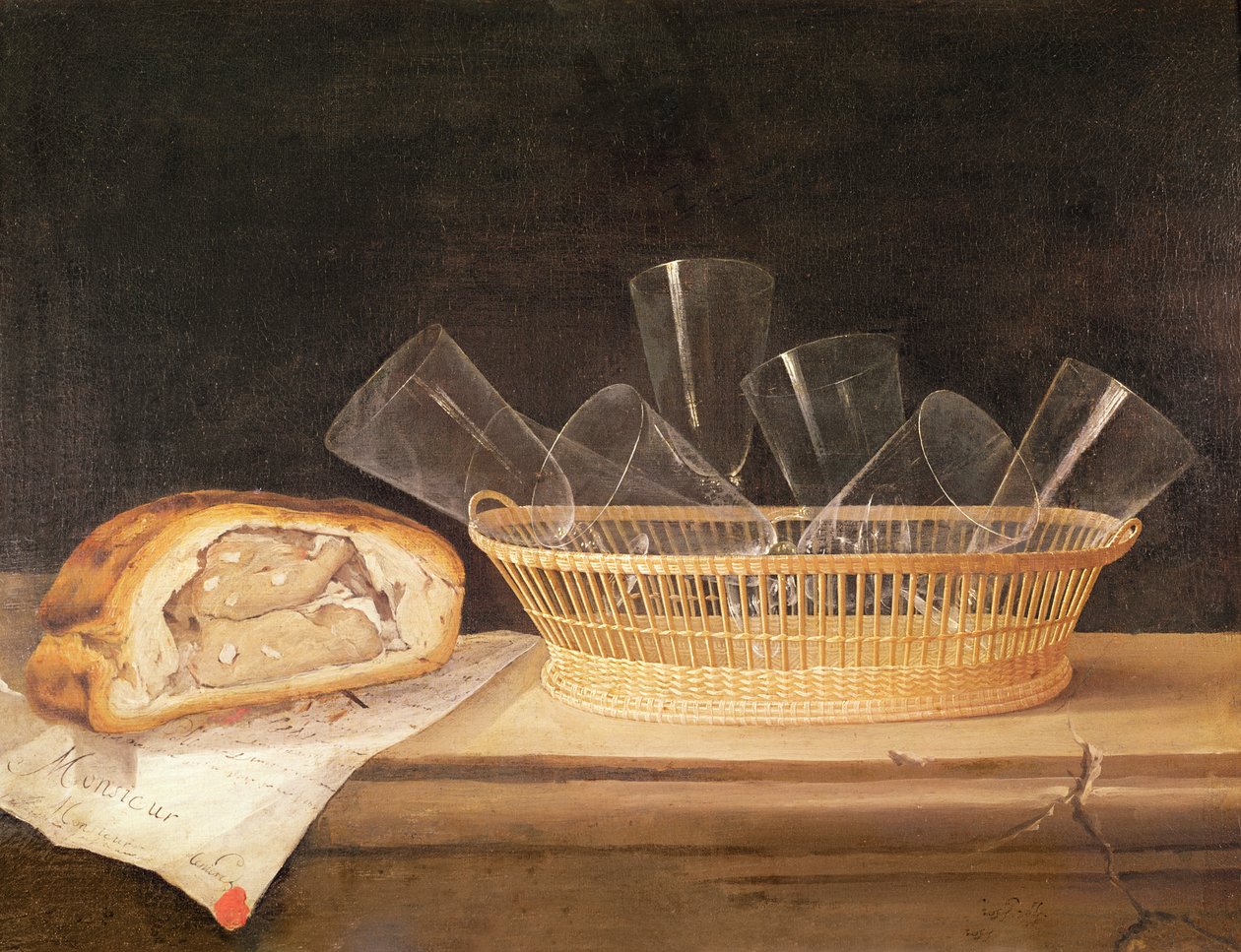 Koszyk Szklanek i Ciasto Mięsne, przed 1630 autorstwa Sebastian Stoskopff