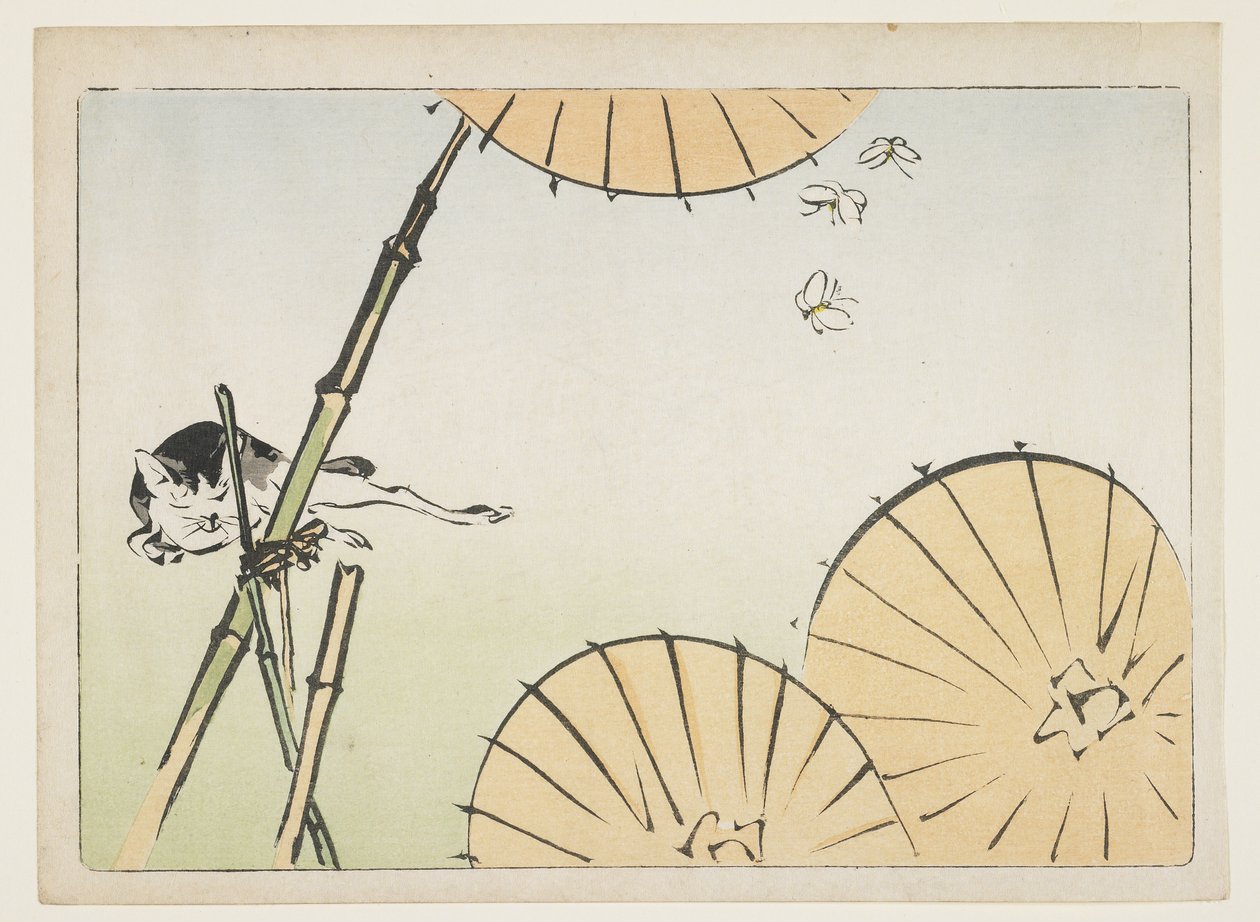 (Bambus, parasole, kot i motyle), ok. godz. 1877 autorstwa Shibata Zeshin
