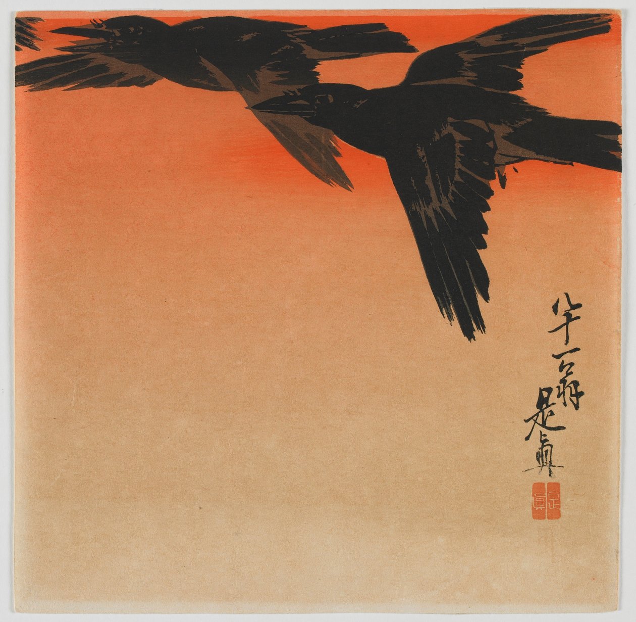 Wrony o zmierzchu, epoka Meiji, koniec XIX wieku (kolorowa odbitka drzeworytnicza) autorstwa Shibata Zeshin