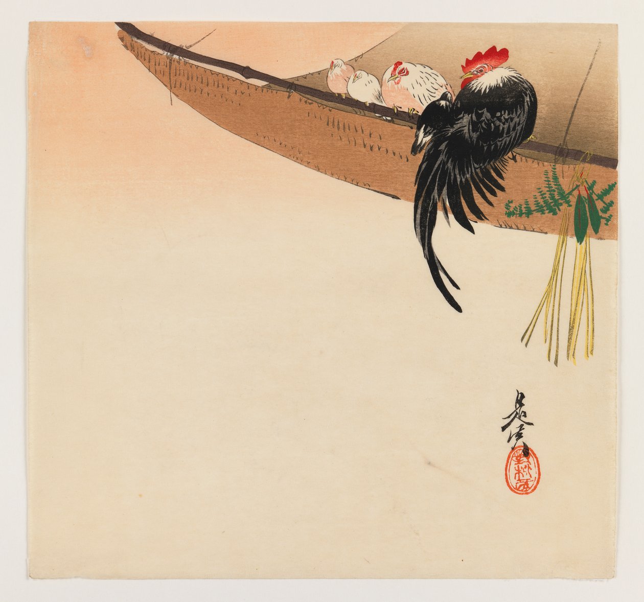 Kury i kogut z hamakiem z serii Hana Kurabe, ok. 1880 (kolorowy nadruk w drewnie) autorstwa Shibata Zeshin
