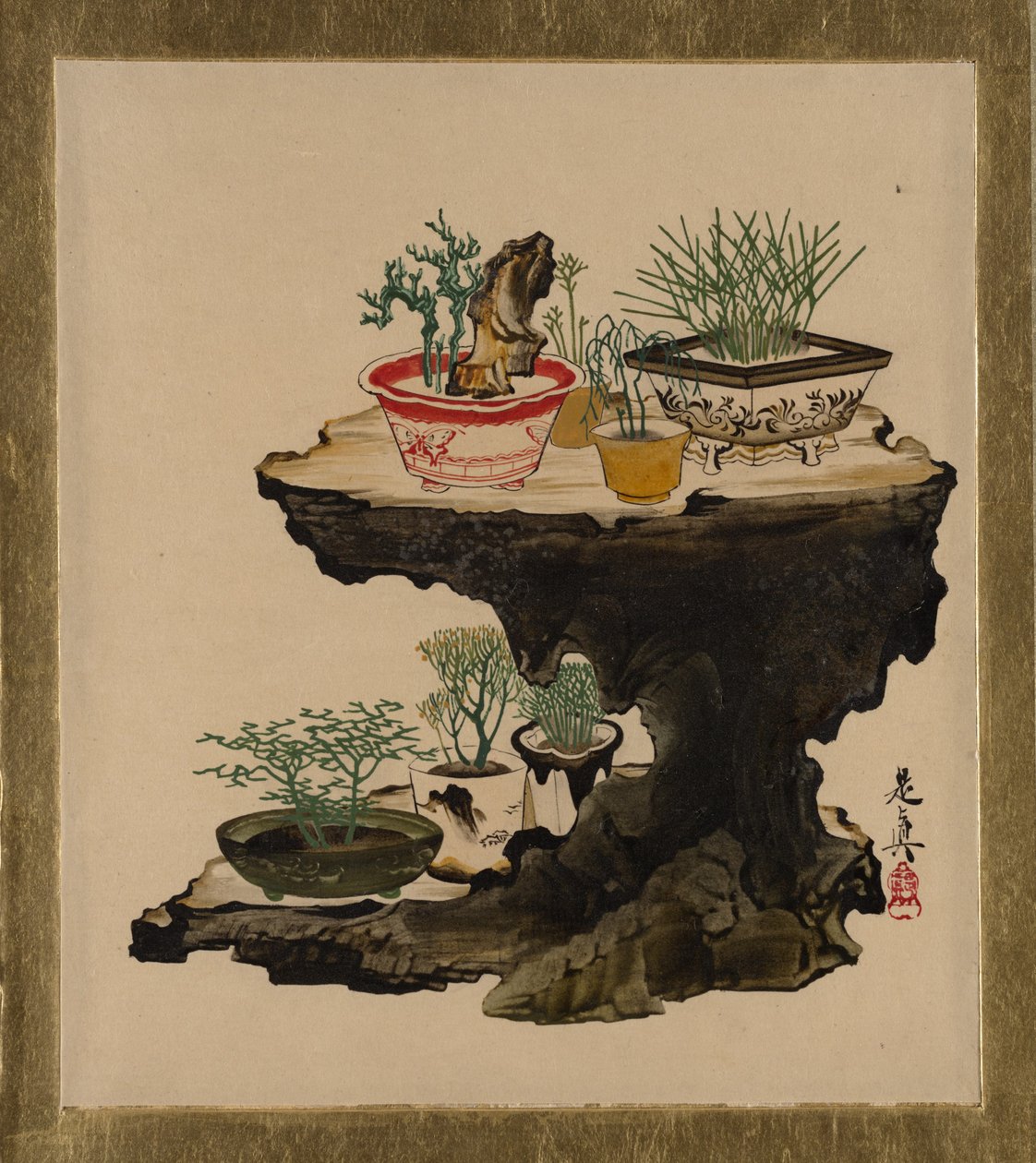 Lakierowe obrazy o różnej tematyce: Bonsai, 1882. autorstwa Shibata Zeshin