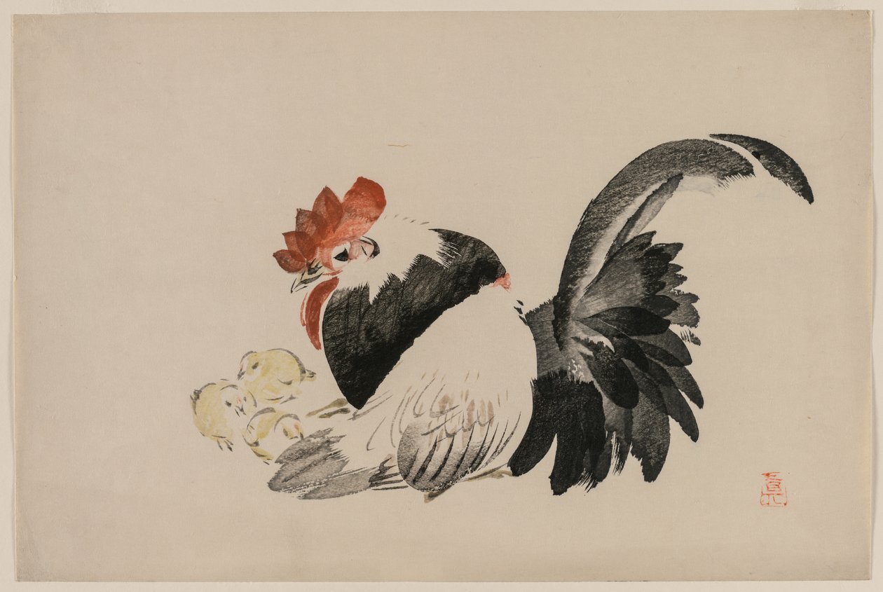 Kogut, kura i pisklęta 1880. autorstwa Shibata Zeshin