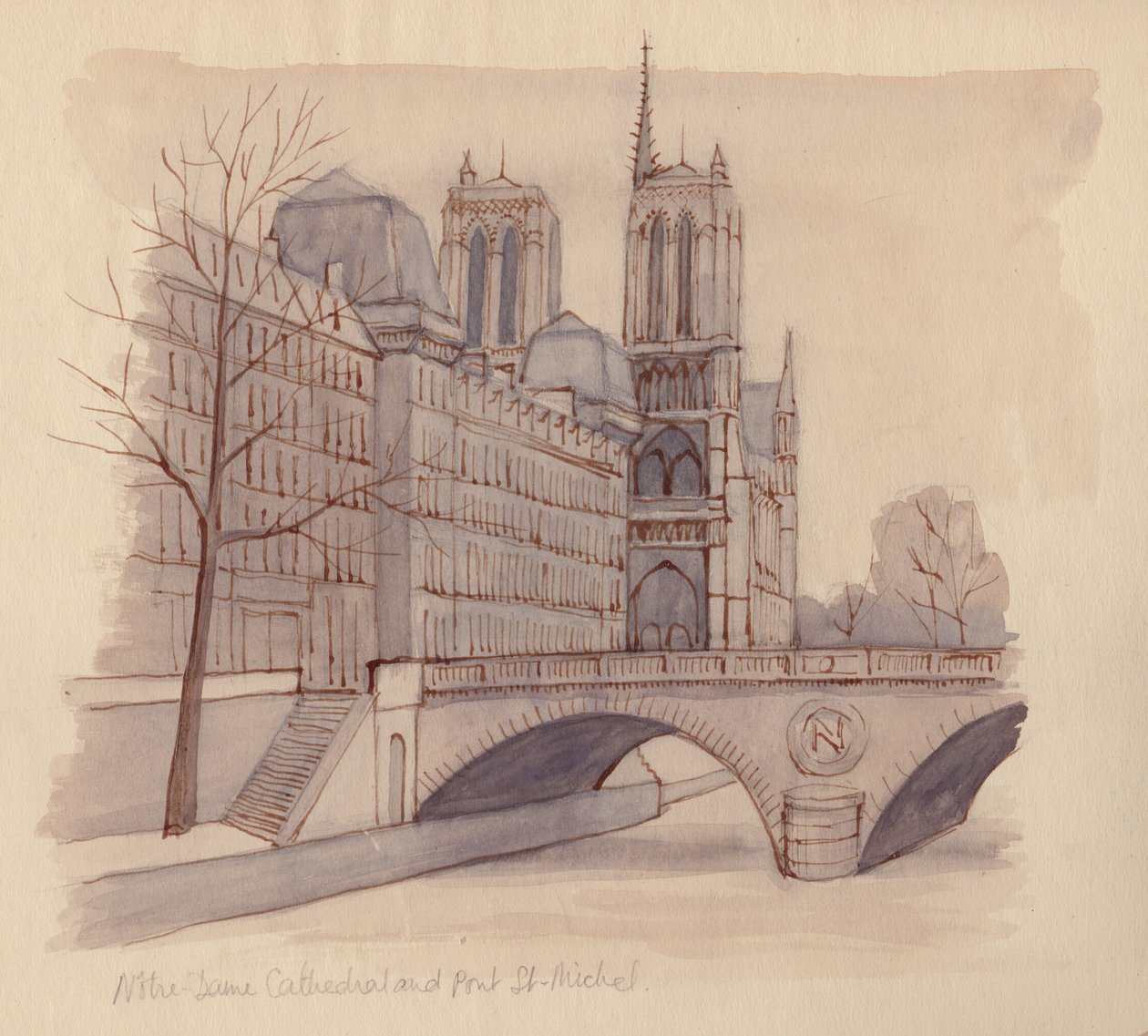 „Katedra Notre Dame i Pont St-Michel”, 1951. autorstwa Shirley Markham
