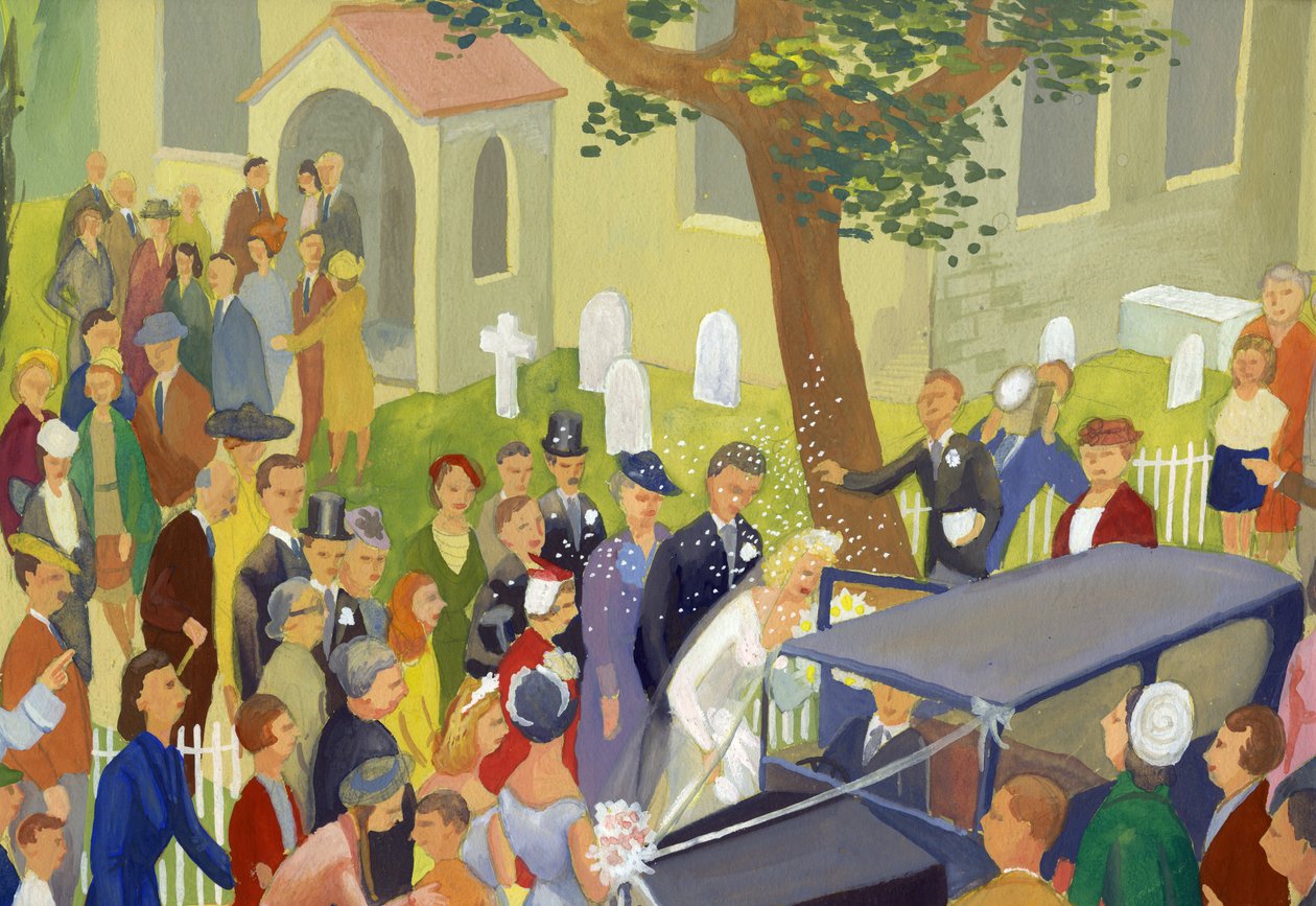 Grupa weselna na cmentarzu przykościelnym, ok. 1948 r. autorstwa Shirley Markham