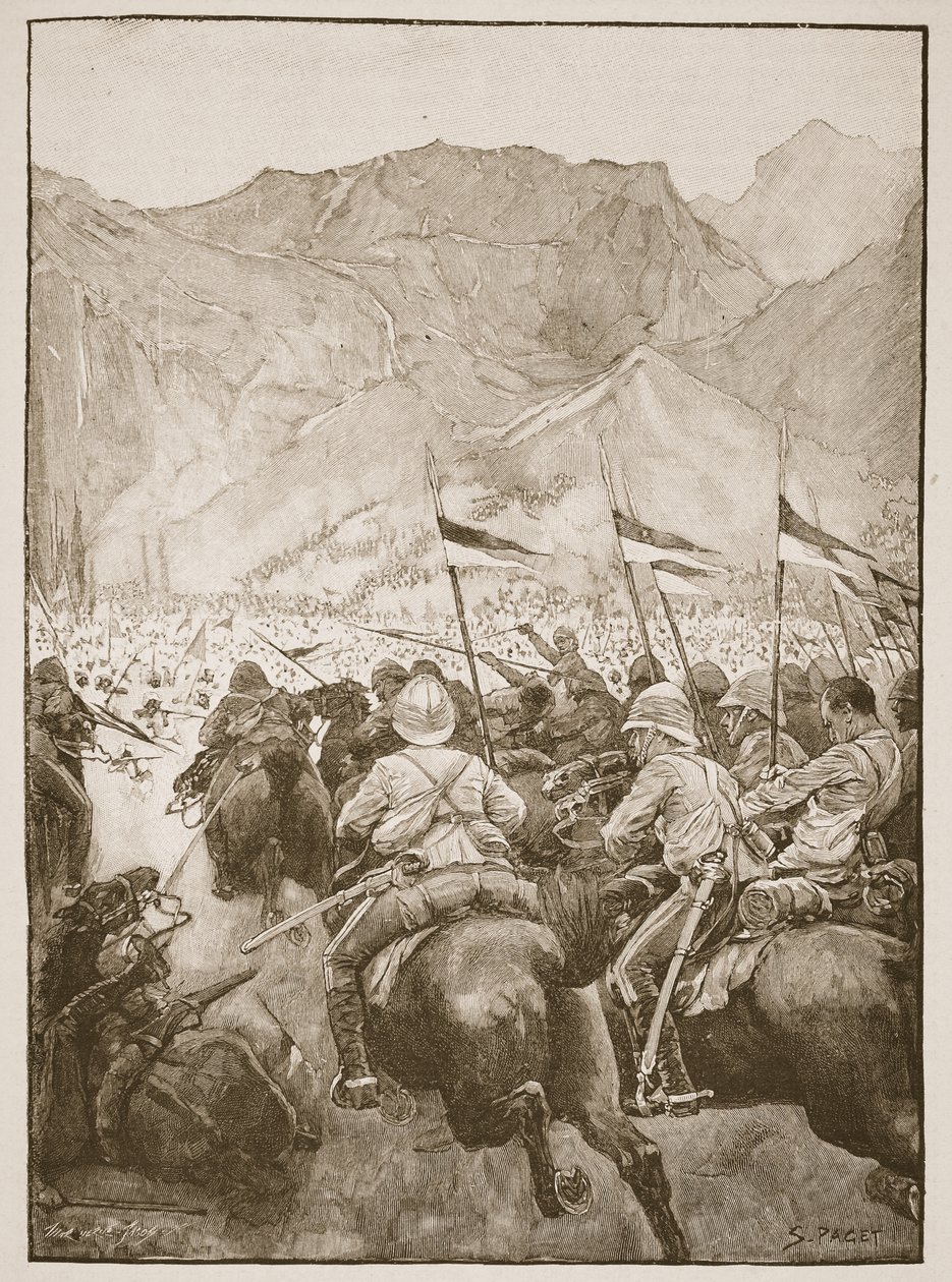 Pułkownik Cleland dowodził swoimi lansjerami, ilustracja z „Bitwy XIX wieku” autorstwa Archibalda Forbesa, G.A. Henty i major Arthur Griffiths autorstwa Sidney Paget