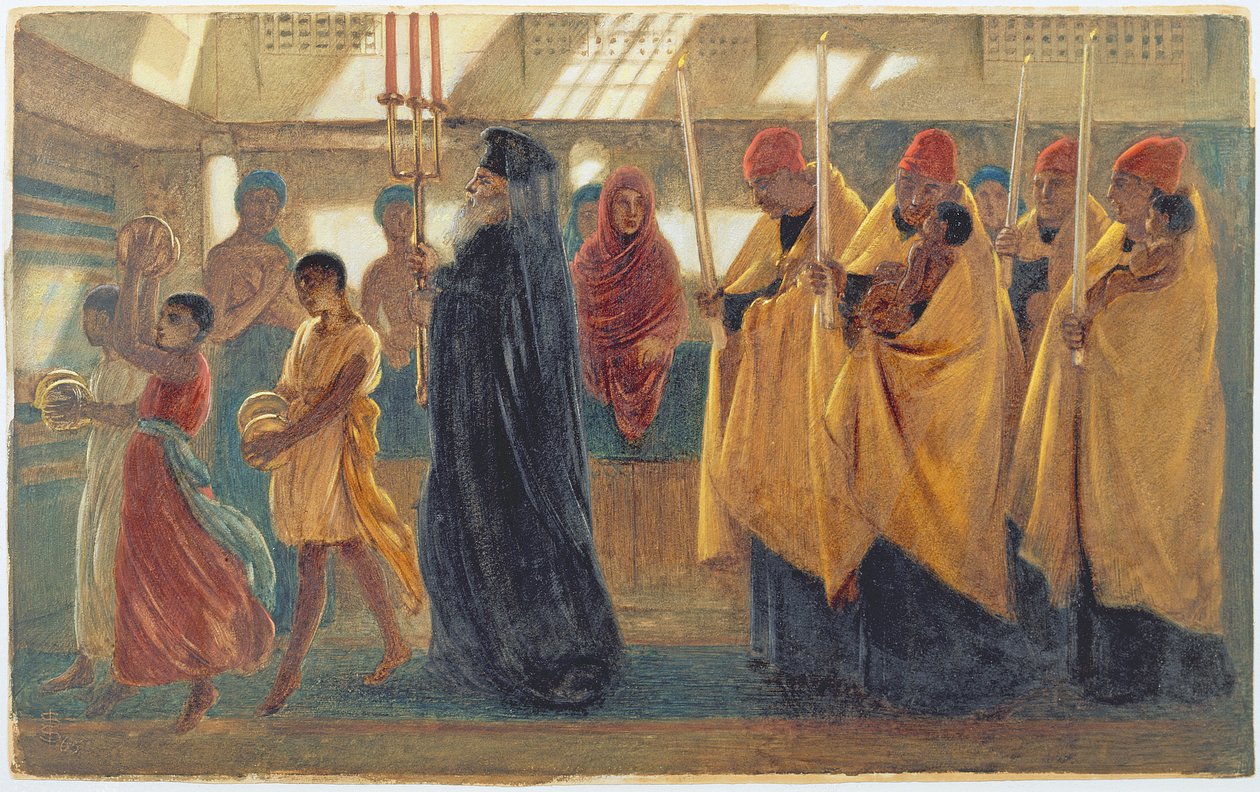 Koptyjska procesja chrzcielna, 1865 (wc, gwasz, guma arabska) autorstwa Simeon Solomon