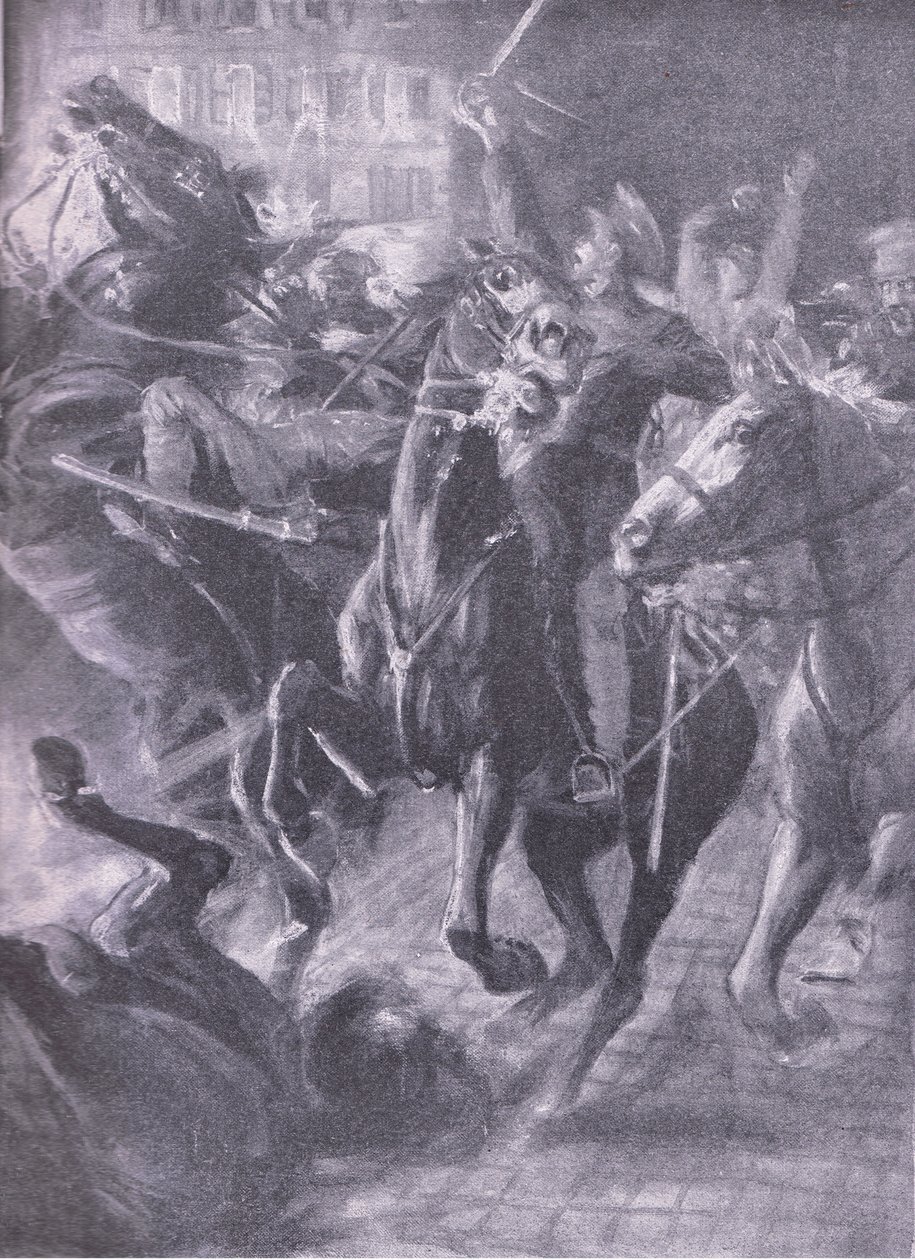 Nocna szarża kawalerii brytyjskiej podczas zmasowanego ruchu w październiku 2014 r., z Historii Wielkiej Wojny, tom 3, opublikowanej przez Waverley Book Co Limited, ok. 1920 r. autorstwa Simon Harmon Vedder