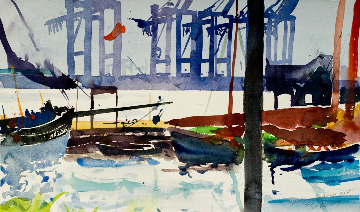 Hamburg, port kontenerowy, 2009 (akwarela) autorstwa Simon Fletcher