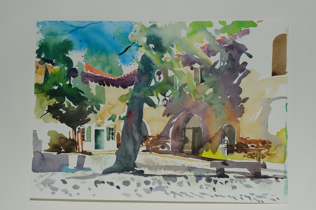 La Place, Villeneuvette, 2009 (akwarela na papierze) autorstwa Simon Fletcher