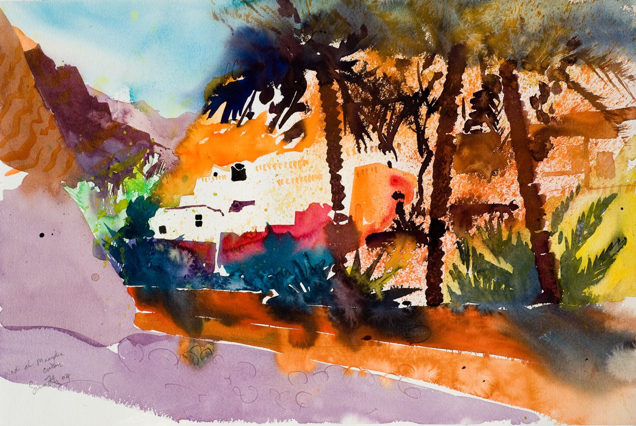 Wadi al Muaydin, 2004 (akwarela) autorstwa Simon Fletcher
