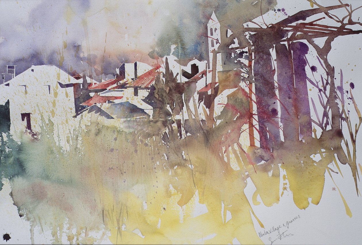Zimowa wioska i trawy, Francja, 2008 (akwarela) autorstwa Simon Fletcher