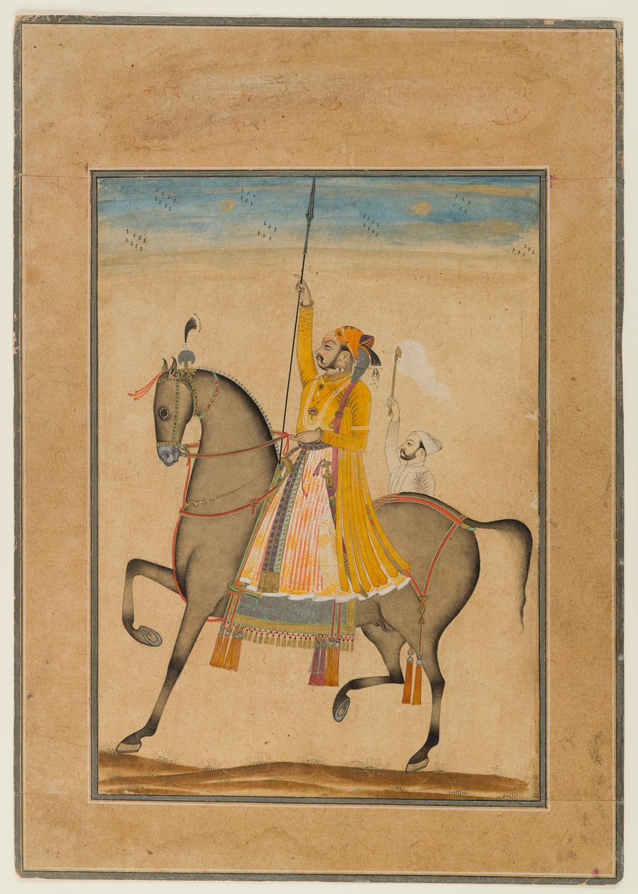 Portret konny Maharajy Sujan Singh z Bikaner, 1747 (nieprzezroczyste wc, srebro i złoto na papierze) autorstwa Son of Muhammad attr. to Kasam