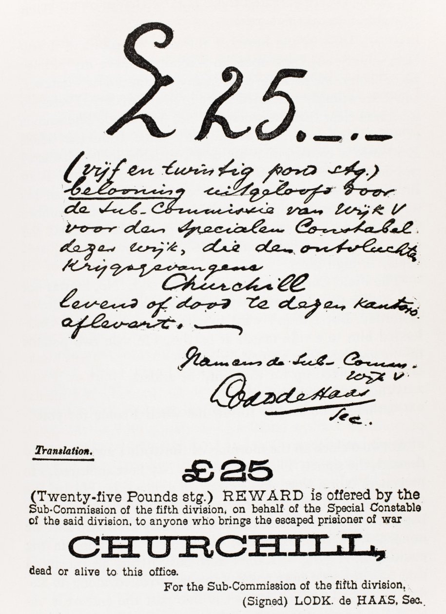 List gończy dla zbiegłego jeńca wojennego Churchilla, z „Komisji wędrującej Winstona S. Churchilla”, opublikowany przez Scribner
