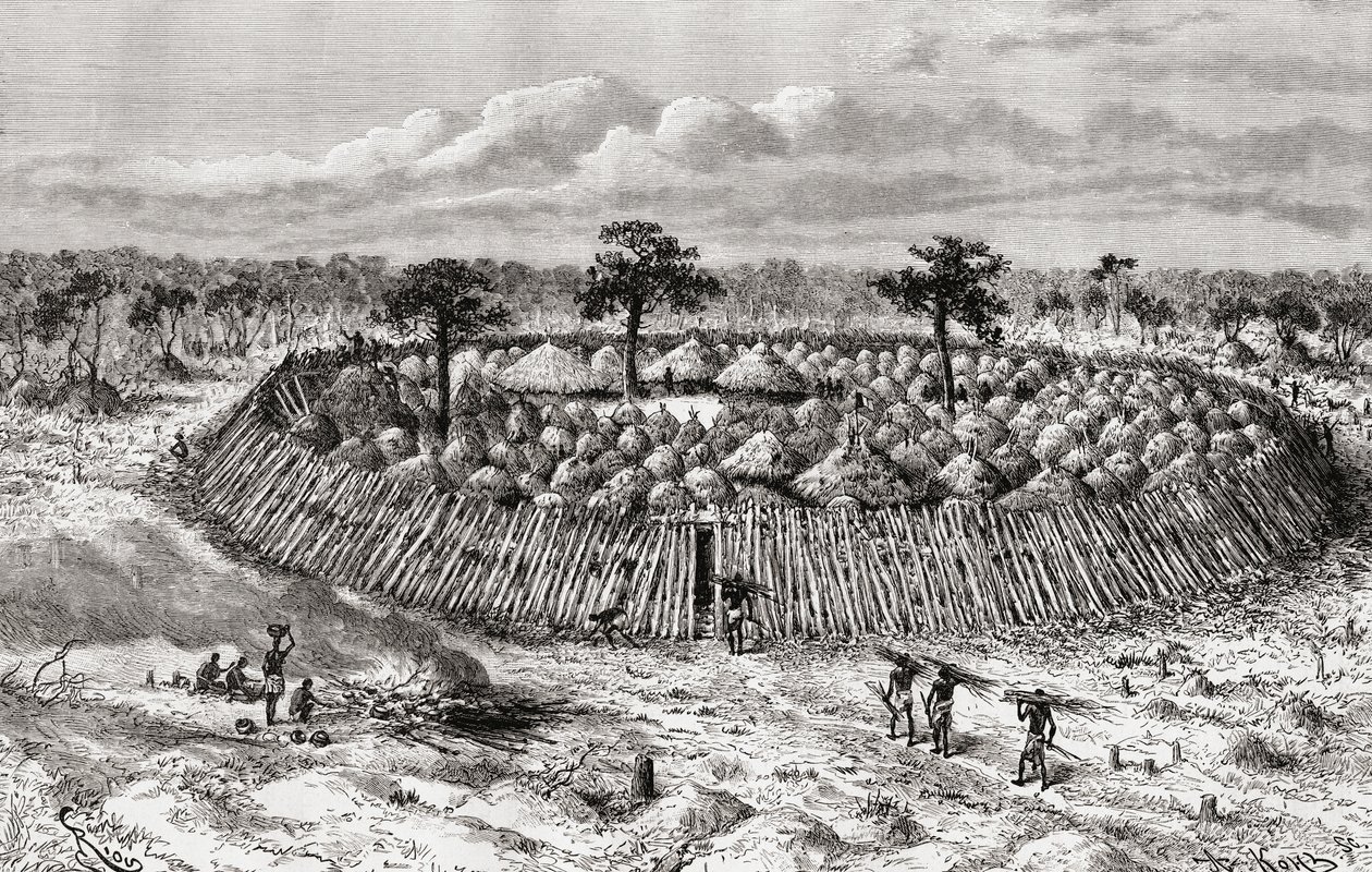 Wioska kongijska w połowie XIX wieku, z „Afryki Pintoresca”, opublikowana w 1888 r. autorstwa Spanish School