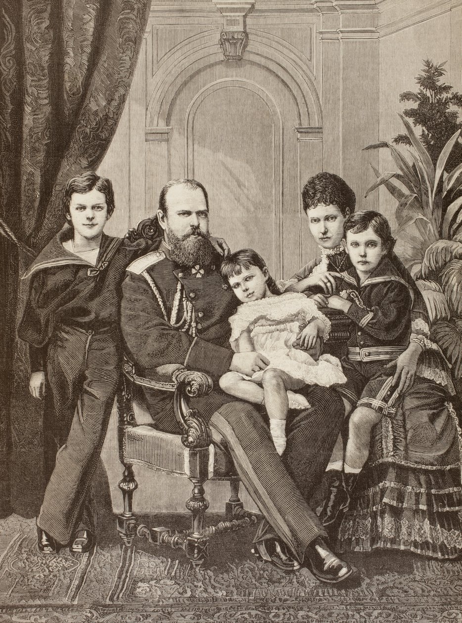 Aleksander III z Rosji i jego rodzina, z „La Ilustracion Espanola y Americana” z 1881 r. autorstwa Spanish School