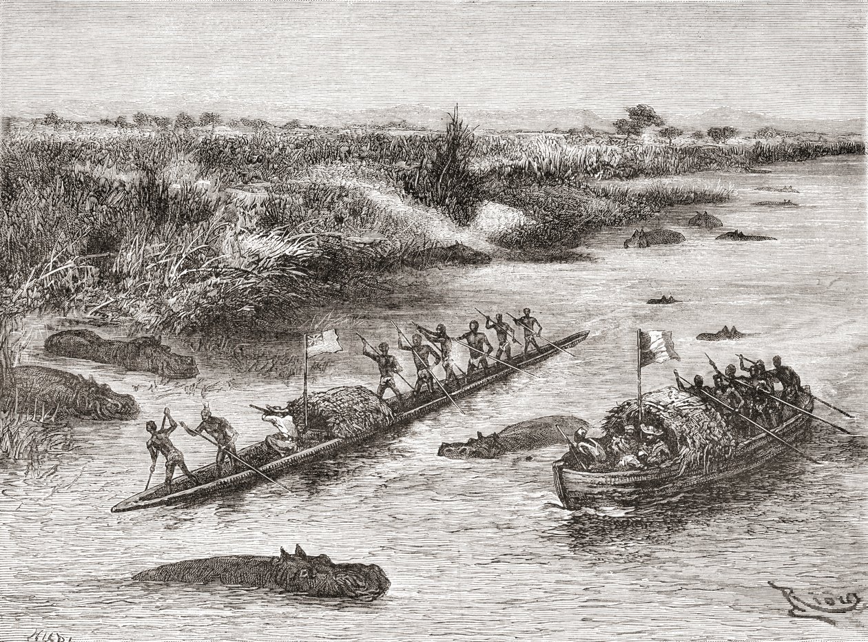 Francuscy i brytyjscy odkrywcy polujący na hipopotamy na rzece Kongo w XIX wieku, z „Afryki Pintoresca”, opublikowanej w 1888 r. autorstwa Spanish School