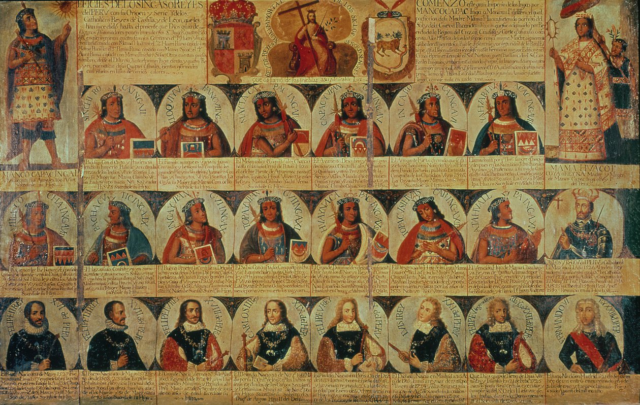 Genealogia władców Inków i ich hiszpańskich następców od Manco Capac, pierwszego króla Inków, do Ferdynanda VI z Hiszpanii, ok. 1750 (panel) autorstwa Spanish School