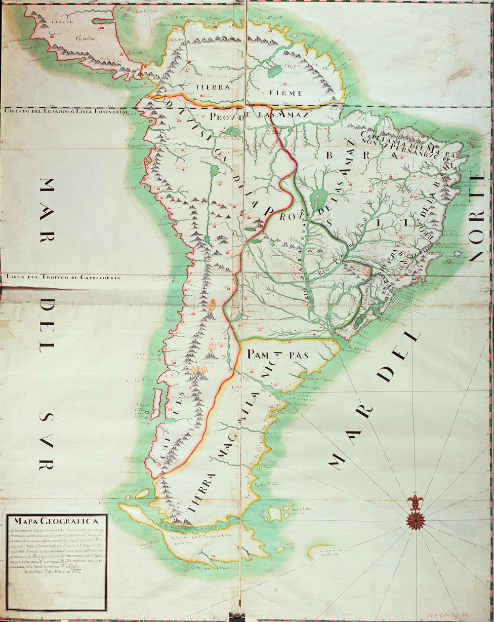 Mapa Ameryki Południowej, 1777 (wc, gwasz, pióro i tusz na papierze) autorstwa Spanish School