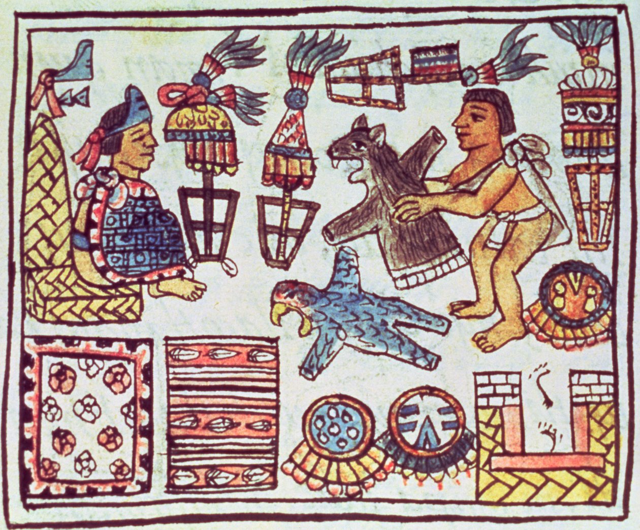 Pani Palat. 218-220 Księga IX Montezuma II (1466-1520) otrzymujący daninę z „Kodeksu florenckiego” Bernardino de Sahagun, ok. 1540-85 autorstwa Spanish School