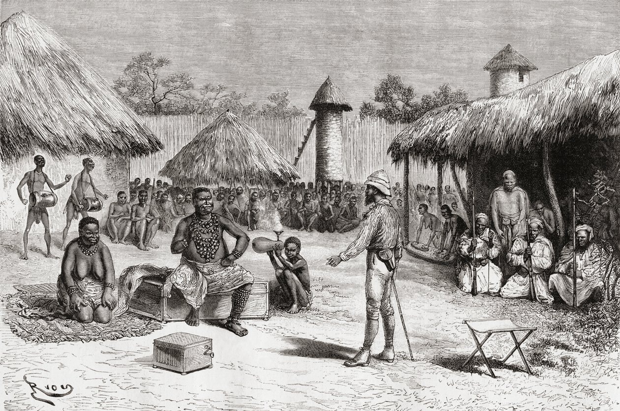 Przyjęcie dla odkrywcy Pietro Paolo Savorgnan di Brazza w domu wodza Ketimkuru, Uemba, Afryka Środkowa, z "Afryki Pintoresca", opublikowanej w 1888 r. autorstwa Spanish School