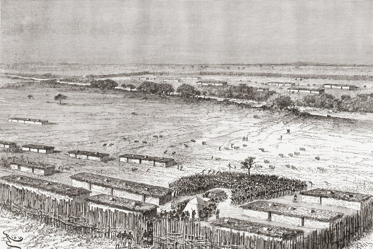 Stolica Uhehe, Tanzania, jak wyglądała pod koniec XIX wieku, z "Africa Pintoresca", opublikowanej w 1888 r. autorstwa Spanish School