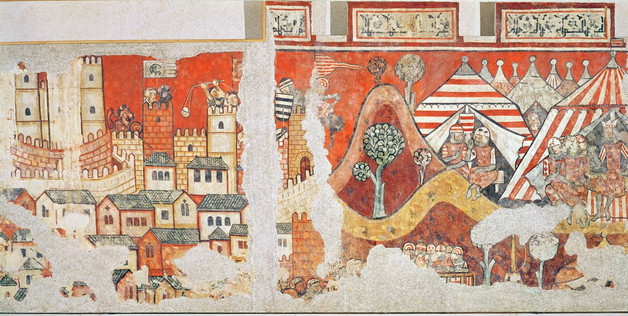 Królewski obóz Jakuba I, króla Aragonii podczas oblężenia Majorki w 1229, fragment malowideł w Palacio Aguilar, 1280 autorstwa Spanish School