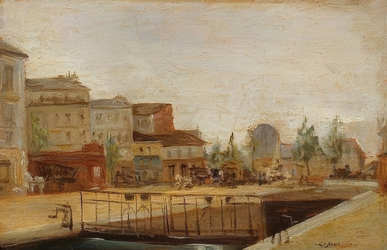 Kanał Saint-Martin w Paryżu z zamkiem autorstwa Stanislas Lepine
