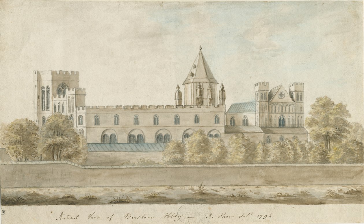 Opactwo Burton-upon-Trent: malarstwo akwarelowe, 1794 autorstwa Stebbing Shaw