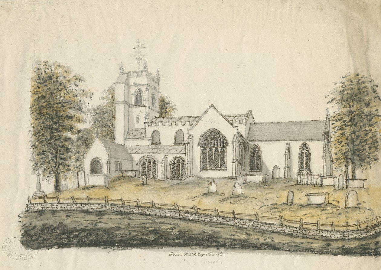 Madeley Church: rysunek akwarelą, bd [1762-1802] autorstwa Stebbing Shaw