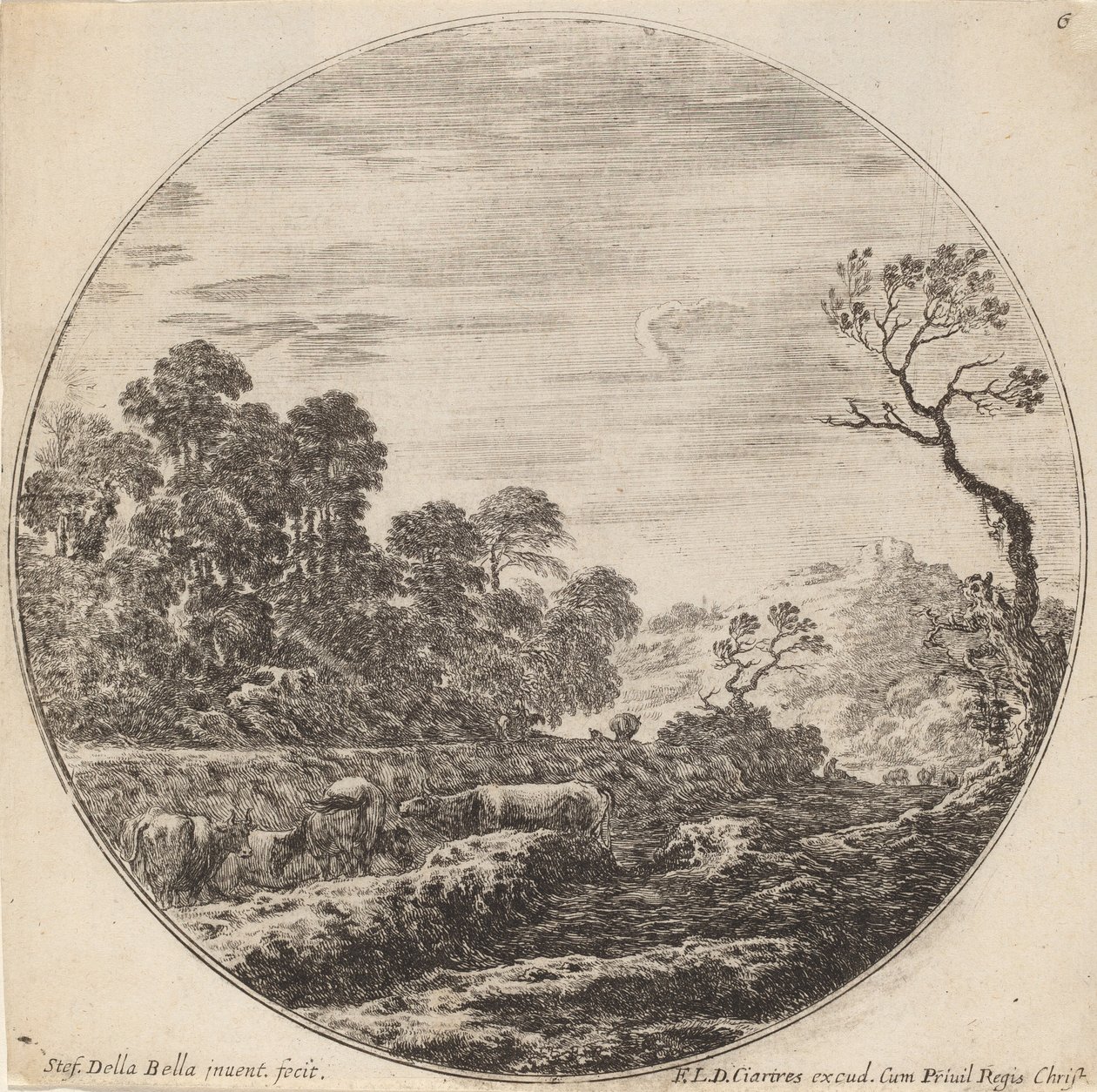 Krowy pasące się w dolinie, 1646. autorstwa Stefano della Bella