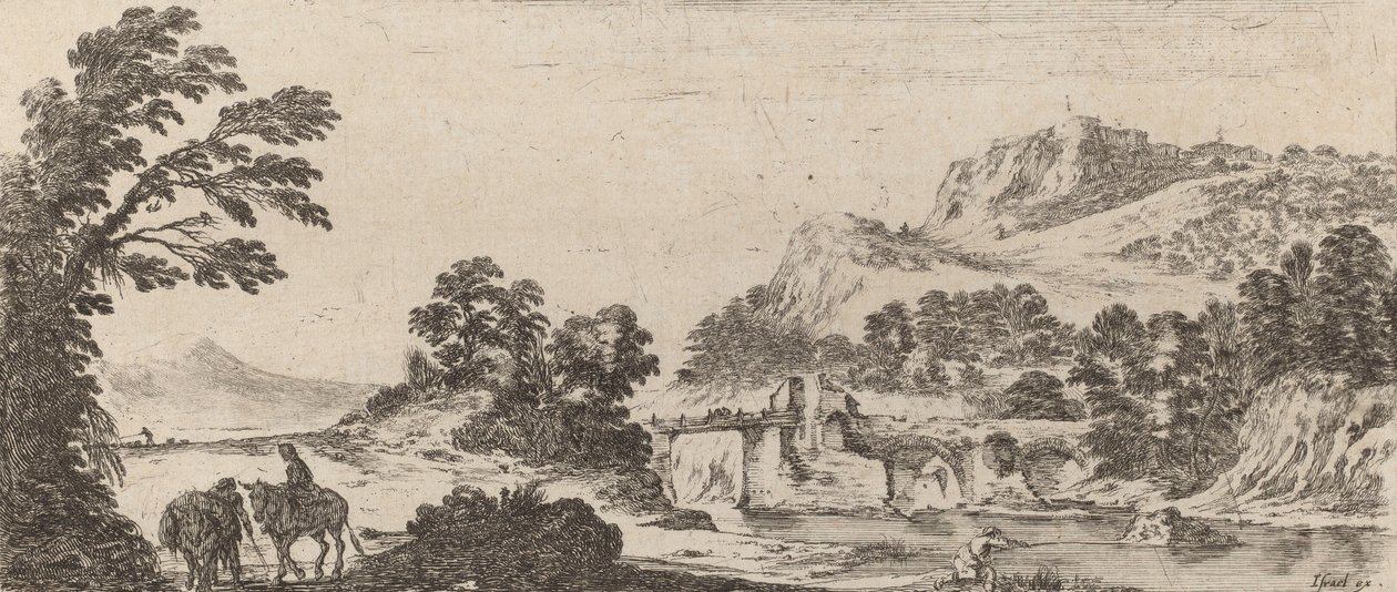 Krajobraz z mostem, 1641. autorstwa Stefano della Bella