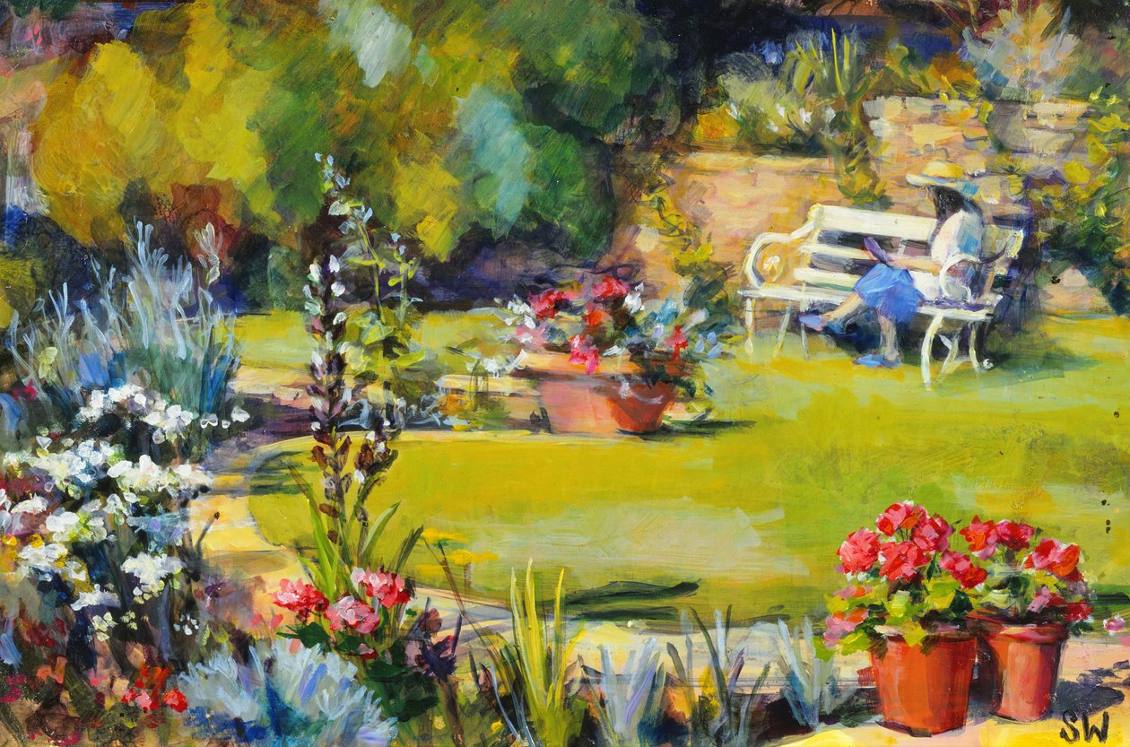 Czytanie w ogrodzie, 1995, autorstwa Sue Wales