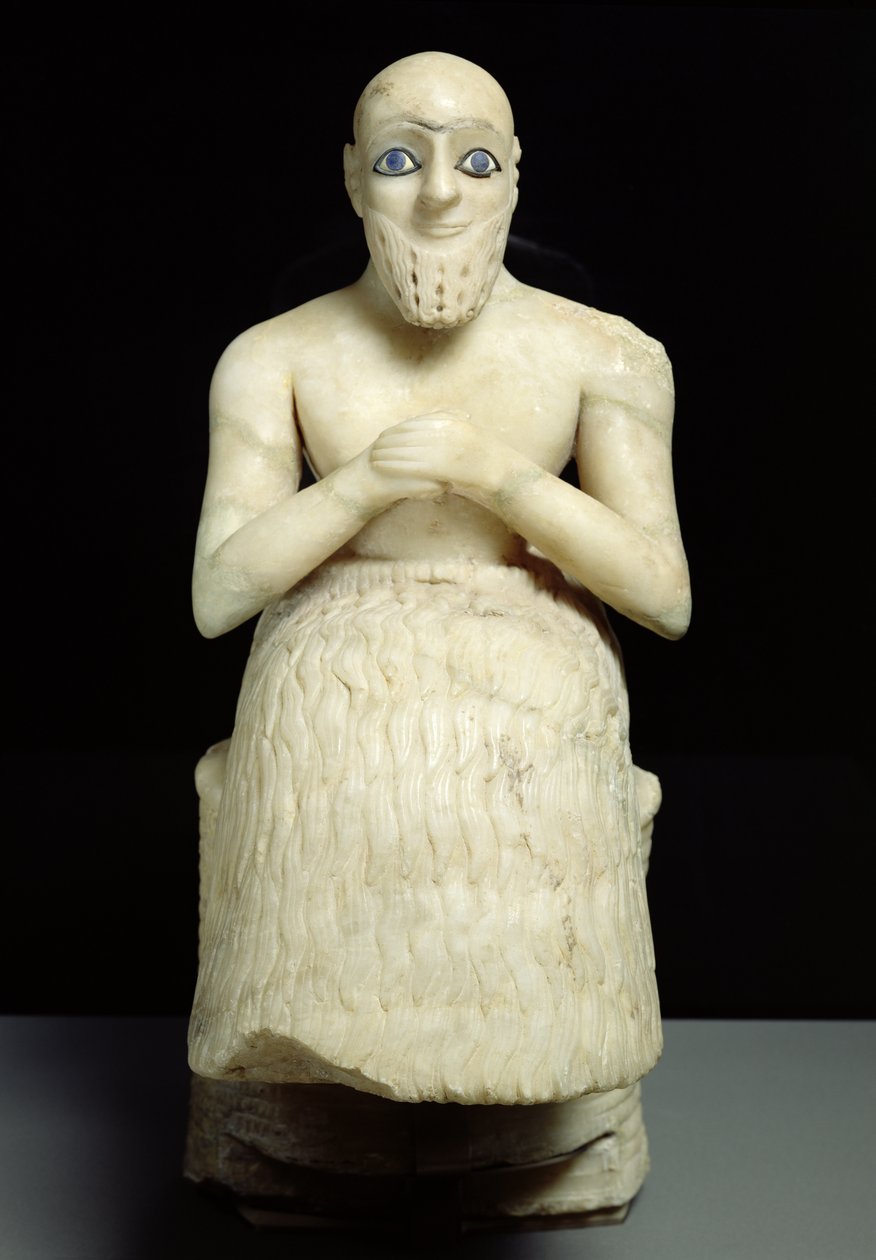 Statua oficjalnego Ebih-Il, ze świątyni Isztar w Mari, Irak, Środkowy Eufrat, okres wczesnodynastyczny, ok. 2500 pne (gips i lapis lazuli) (patrz także 121796) autorstwa Sumerian