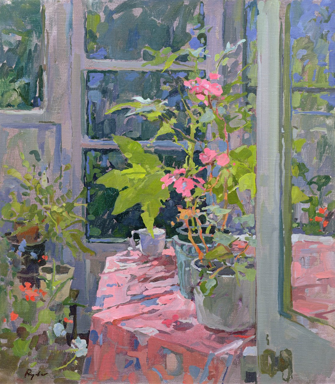 Pelargonie i różowa tkanina autorstwa Susan Ryder