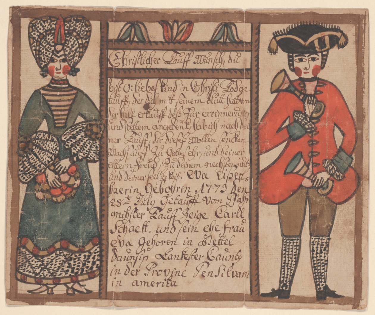 Akt urodzenia i chrztu Evy Eissenhaer, ok. 1773 (pióro i atrament oraz toaleta na papierze) autorstwa Sussel Washington Artist