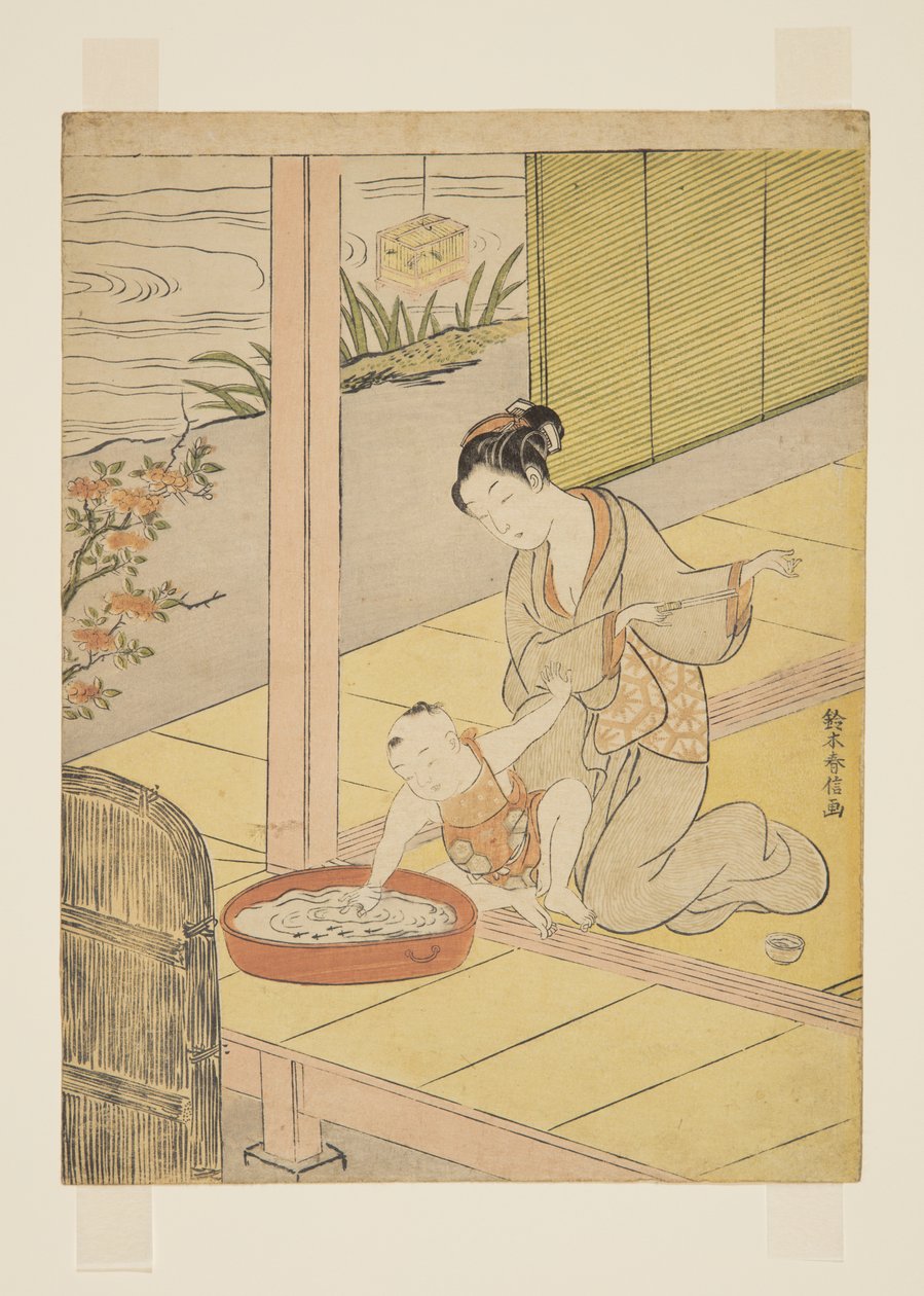 Zabawa z Minnows (kolorowy drzeworyt) autorstwa Suzuki Harunobu