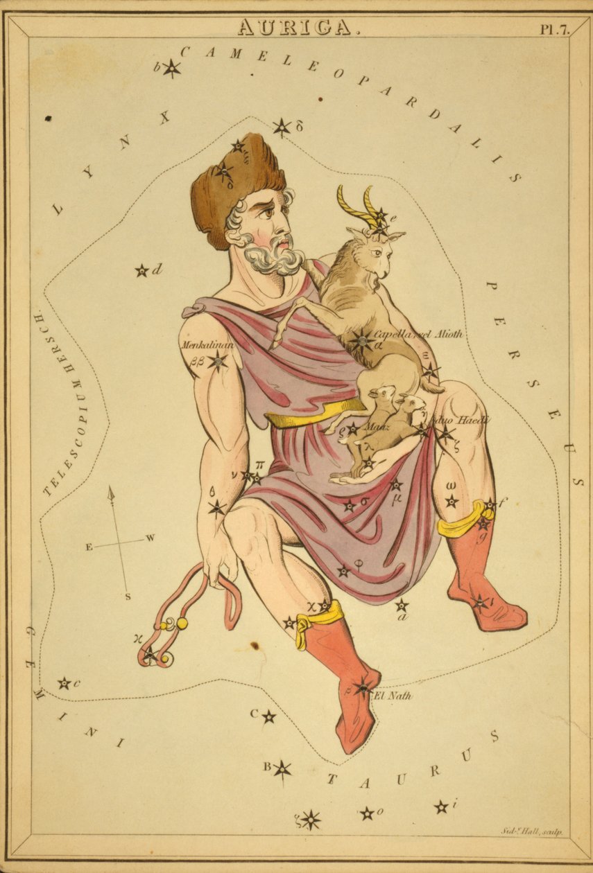 Auriga, ilustracja z „Zwierciadła Urania” autorstwa Sydney Hall